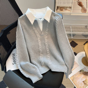 Spring Autumn Polo Collar Sweater Womens Patchwork Twist Knitted Top Trendy Straight Tube Korean Style Long Sleeve Warmth Emitting