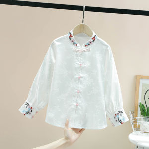 Girls New Chinese Style Long Sleeve Embroidered Shirt White Spring Autumn New Childrens Fashion Button up Blouse Spring Wear