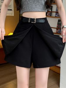 Black Suit Short Pants Womens Summer Thin Design A-Line Skirt Pants Small Size High Waist Wide Leg Pants Commute Style