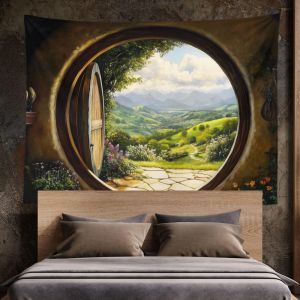 VIKAMA Hobbit Shire Window View Tapestry Fantasy Countryside Background Living Room Atmosphere Room Decoration