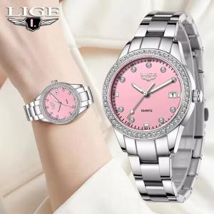 LIGE Diamond Women Watch Fashion Elegant Quartz Wristwatches Waterproof Steel Strap Watch For Ladies Gifts + Box