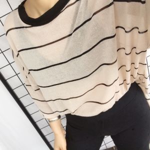 Áo Thun Dệt Kim Tay Giữa Họa Tiết Sọc Thoáng Khí Thường Ngày Mùa Hè 2024 Cổ Tròn Dáng Rộng Mỏng Cho Nữ