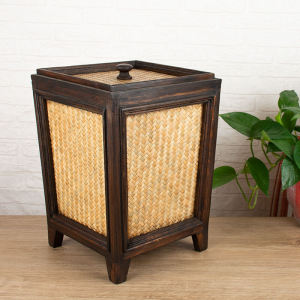 Trash Can Chinese Retro Wooden Paper Basket Living Room rattan woven with cover Ancient Bamboo Weaving Pure Handmade Household Solid Wood Zen