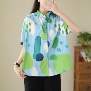 Loose Casual Printed Short Sleeve Womens Shirt Artistic Summer Top Commute Style Fashion Comfortable Breathable Fabric
