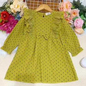 New Spring Autumn Girls Net Gauze Lace Splicing Long-Sleeved Dress Polka Dot Cute Skirt Casual Kids Children Loose Comfortable
