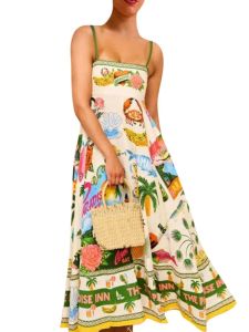High Waist Printed Camisole Dress Womens Sleeveless Gown Commute Elegant Style Summer Season Plant Floral Pattern