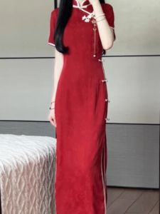 Tea Green Young Style Cheongsam Red Wedding Dress Elegant Long Qipao Short Sleeve Polyester Fiber Daily Wear Summer 2025