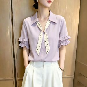 SHUAIYUE | Áo Blouse Elegent Tay Voan Xếp Ly Chấm Bi Tím