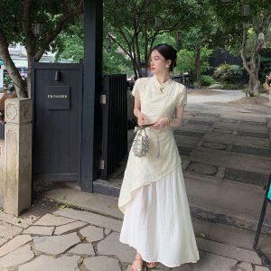 Bingo New Chinese Style Vintage Patchwork Dress Women Summer New High Quality Slimming Long Skirt Elegant Atmosphere Short Sleeve