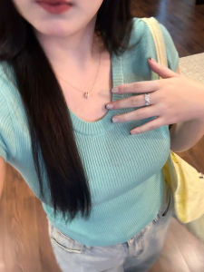 NINI ONE Waterdrop Collar 2.0 Shoulder Length Sleeve Knitted Slim Fit Top U Neck Versatile Stylish Wool Blend Short Sleeve Shirt