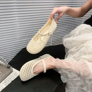 HF Women Mary Jane PVC Doll Shoes with Strap Cute Weave Design Soft Light Comfortable Sandals 289