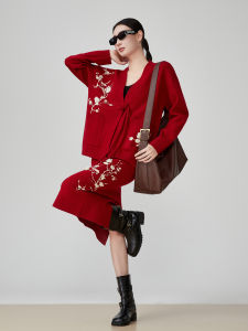 XIAODADEHUA | Traditional Style Red Knit Cardigan and Straight Skirt Set