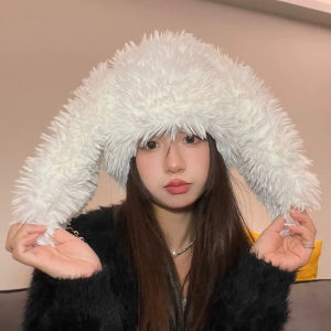 หมวกหมวกบีนนี่กำมะหยี่รูปกระต่ายน่ารักสำหรับผู้หญิงหมวกแก๊ปผ้าฟลีซแกะแนวเกาหลีอบอุ่นหนาฤดูหนาว Topi Pelindung Telinga เด็กผู้หญิงน่ารัก