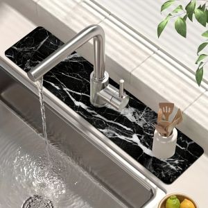VIKAMA Black Marble-Patterned Sink Mat | Kitchen Faucet Splash Guard | Quick-Drying Non-Slip Countertop Drain Mat
