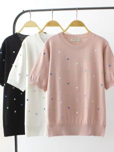 Summer Casual Loose Knitted Ice Silk V-neck T-shirt Womens plus Size Top with Embroidered Heart Pattern Korean Style