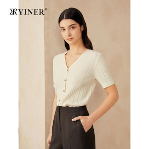 YINER | V-Neck Button Tencel Blend Knit Top