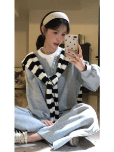 Fashionable Korean Style Three-Piece Set with Hoodie And Wide Leg Pants Autumn Early Morning Look Comfortable Cotton Blend