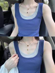 Korean Style Color Blocking U-neck Fake Two Pieces Tank Top