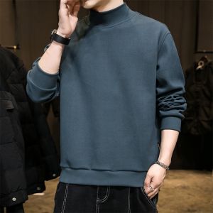 ROMON | Lormen Mens Mid-High Collar Double-Sided Velvet Thickened Long Sleeve T-Shirt Spring Autumn Winter Fashion Casual Loose Fit