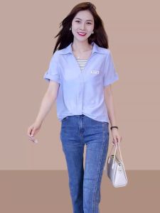 Áo Sơ Mi Voan Tay Ngắn Thời Trang Mùa Hè 2025 Cho Nữ Dáng Rộng Cổ Chữ V Màu Trơn Che Bụng Phong Cách Công Sở Áo Ngắn