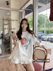 Japanese Cartoon Print Shoulder Pure Cotton Short-Sleeved T-shirt Female Plus Size Chubby Girl Loose Casual Mid Length Long Length Student Tops