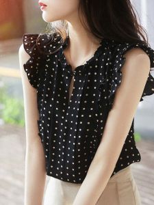 Black Polka Dot Print Chiffon Shirt Womens Spring Summer New Design Loose Style Anti-Aging Top