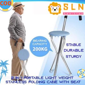 【COD】2 in 1 Portable Light Weight Stainless Tripod crutch Foldable Cane With Seat Aluminium Tripod Cane Seat Chair Three-legged Folding Old Person Can Sit Booster Stool Walking Stick Seat Patient