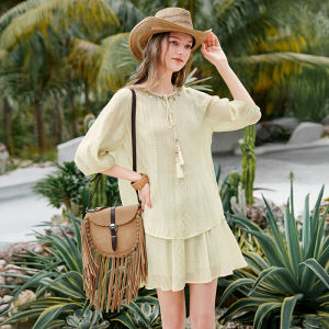 XIANGYING | Bộ Đầm Ngắn In Hình Resort Có Xè