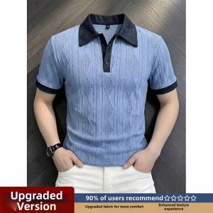 Mature Style Breathable Contrast Color Collar Hollow Out Polo T-shirt