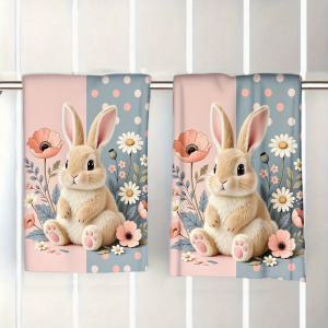 2-Pack of Cute Rabbit Floral Design Kitchen Towels 100% Microfiber Knit Fabric Modern Rectangular Shape Machine Washable Ultra-Fine Weave Cartoon-Themed Decorative Dish Towels Perfect for Housewarming Gifts for Mom and Friends