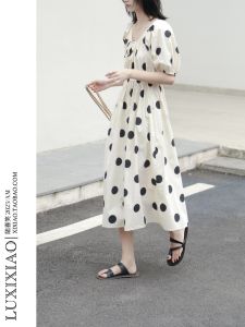 LUXIXIAO Womens Loose Bubble Sleeve A-Line Dress Butterfly Knot Back Design High Waist Polka Dot Korean Style Summer Dress