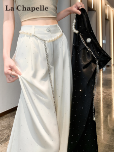 La Chapelle | Beige Satin Silk Feel Slim Fit Wide Leg Trousers