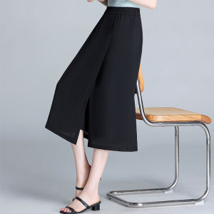 Slim Fit High Waist Seven Inch Ice Silk Wide Leg Pants Womens Summer Thin Fashion Small Size Asymmetrical Skirt Pants