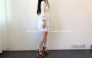 Summer White Lace Trim V-neck Puffy Sleeve High Waist Short Dress Womens Beach Vacation Travel Street Style A-line Cotton Dress