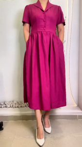 Đầm xoè linen cổ cánh én trung niên độ bền caomát mịnthấm hút mồ hôimay viền tỉ mỉsản xuất độc quyền tại Kiều Oanh Designer