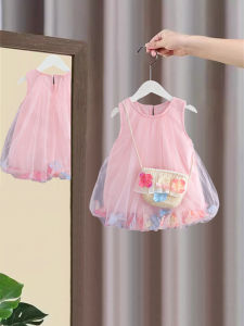 Princess Style Girls Summer Dress Puffy Tulle Skirt mid Waist Vest Dress Cotton Polyester Blend Comfortable Breathable Skirt
