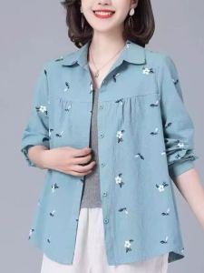 Spring New Style Large Size Loose Long Sleeve Shirt for Middle-Aged Mothers Fashionable Scarf Korean Version Cotton Polyester Blend