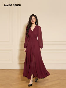 French Vintage V-Neck Elegant Red Rum Banquet Dress Long