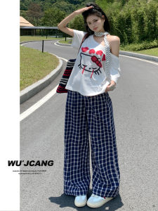 Retro Blue Plaid Casual Wide Leg Pants Button Loose Slimming Floor-Length Walking Pants Low Waist Cotton Polyester Blend