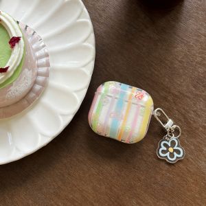 Korean Style Transparent Colorful Stripes Line Flower Pattern With Pendant Earphone Cover Case for AirPods 1 or 2 3 4 Pro 2