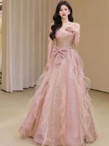 Elegant Pink Evening Gown for Women Wedding Ceremony Engagement Party Long Dress with Belt Princess Style One Shoulder