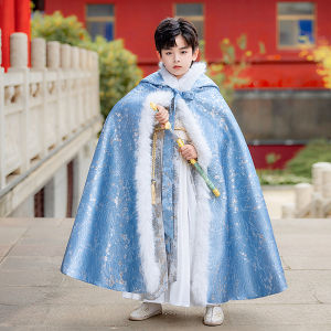 Thickened Childrens Hooded Cloak Winter New Style Warmth Plush Collar Traditional Chinese Hanfu Boys Robe Coat Polyester Fiber