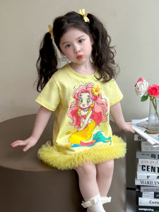 Fashionable Princess Dress Summer Outfit for Girls Cartoon Print Short Sleeve Midi Skirt Elastic Waist Machine Washable Breathable