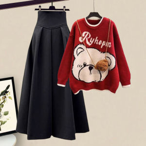 Red Christmas Knitted Sweater Womens Winter New Lazy Style Design Sensation Small Audience High Waist Mini Skirt Matching