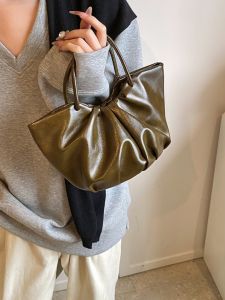 Folded Bucket Handbag Womens Crossbody Bag Commuter Basket Bag Soft PU Leather Casual Small Size Shoulder Bag Handbag