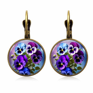 Romantic Purple Pansy Glass Dome Bronze Plated Dangle Earrings Antique Style Floral Jewelry For Women Mothers And Flower Lovers