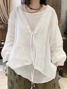 Retro Chinese Light Cotton Linen Womens Shirt Artistic Casual Long Sleeve Sun Protection Open Cardigan Solid Color Outerwear