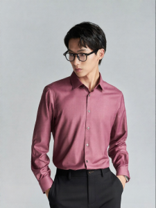 Mens Formal Long Sleeve Burgundy Solid Color Shirt Square Collar