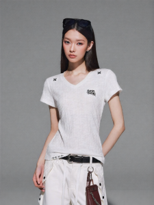 A chock | Texture Embroidery V-Neck Fitted T-Shirt