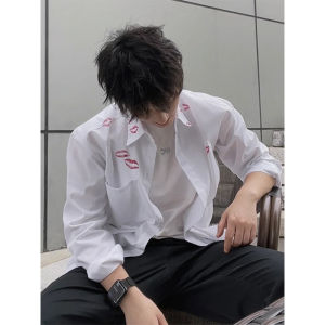 2024 New Arrival Lip Print Print White Long Sleeves Shirt Mens Loose Niche Design Casual Handsome Shirt Coat